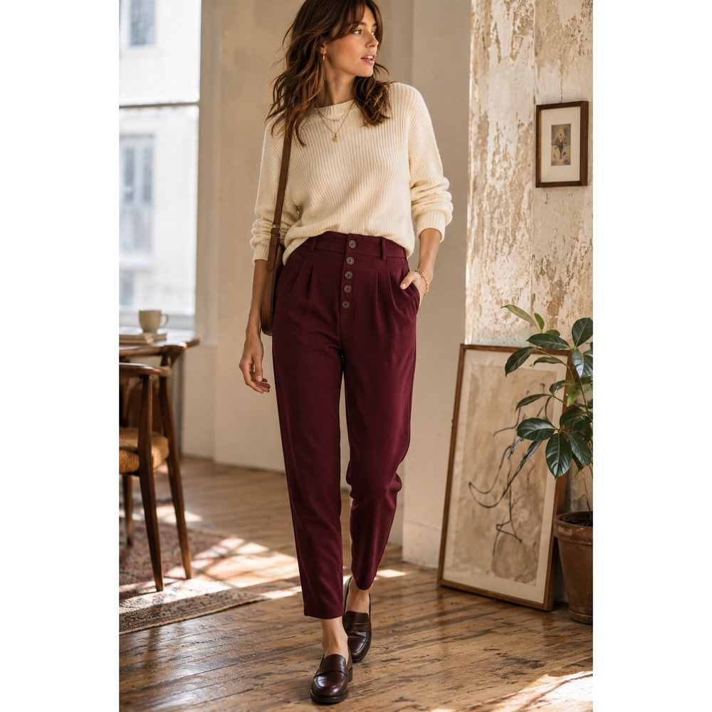 Anthropologie Sasha High‎ Rise Button Fly Pleated Tapered Pants Burgundy 6